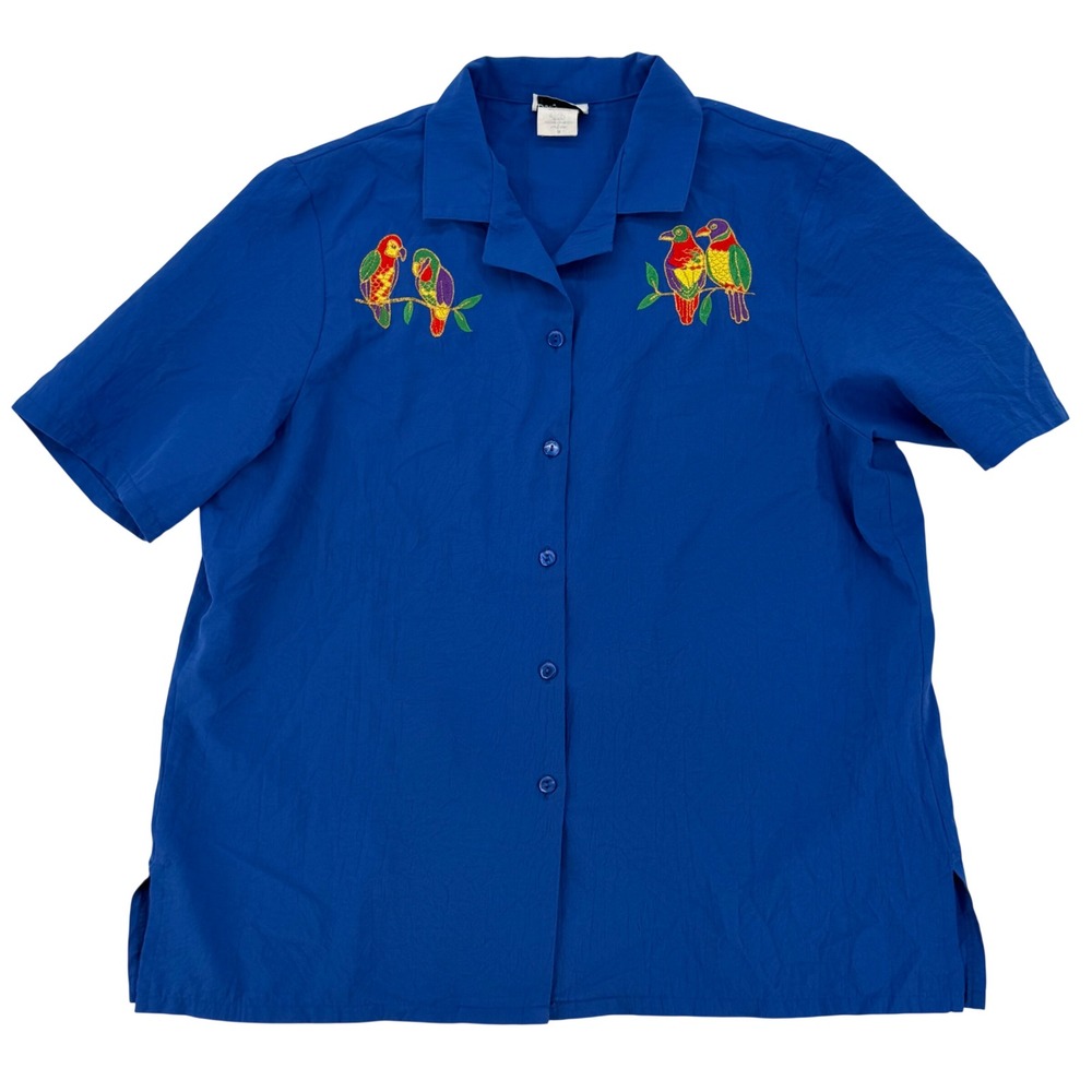 Tropical Parrot Embroidered Shirt Blue Button Up Hawaiian Vacation Shirt Men M
